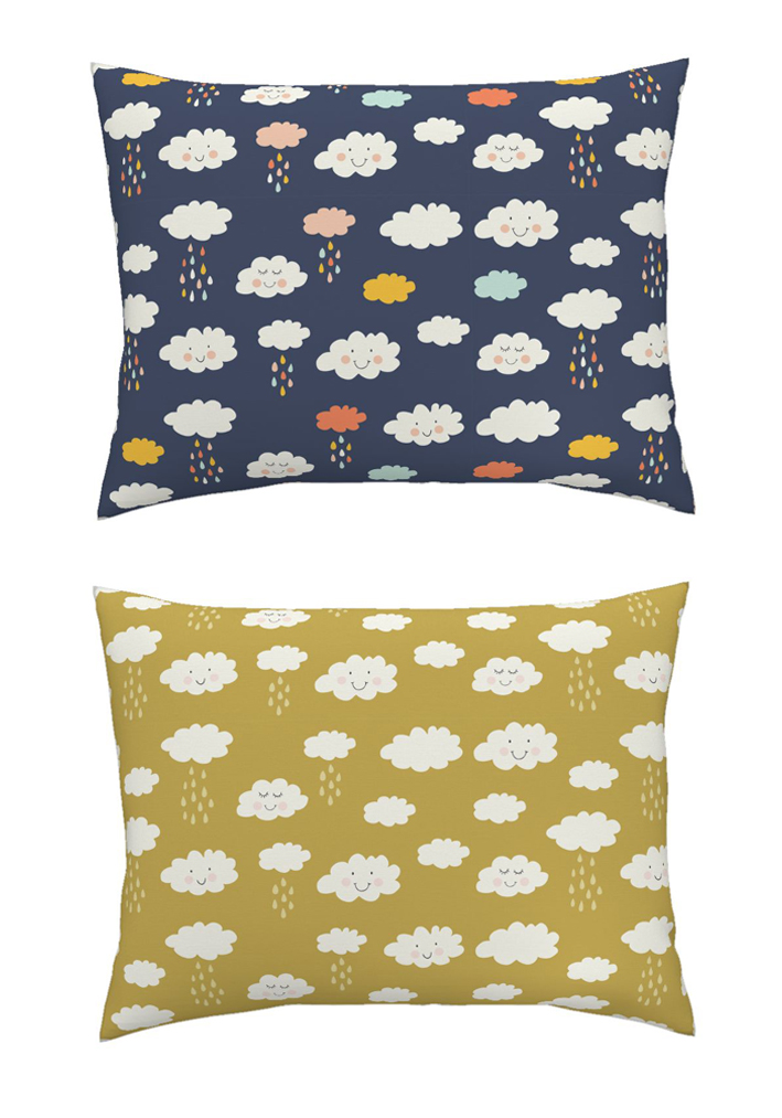 surface pattern design happy clouds print kids blue coral ochre wolken cushion kussen illustratie illustration so happy design