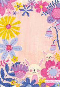 konijntjes bloemen roze blauw geel illustratie kinderkamer geboortekaartje Utrecht handgeschilderd illustration rabbit flowers happy poster