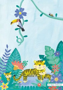 Illustratie handgeschilderd tijgers tijgertje bloemen jungle groen blauw koraal geel kinderkamer poster geboortekaartje vogel toukan bird tiger flowers illustration handmade kids kidsroom