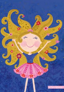 illustration nature wants you to blossom girl flowers gold blue pink card handmade