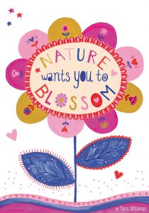 illustration handlettering handmade nature wants you to blossom postcard poster illustratie blue pink ochre blauw roze oker