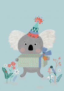 card kaart happy birthday verjaardagskaart greetingcard koala bird present cadeautje illustratie kids kinderboek